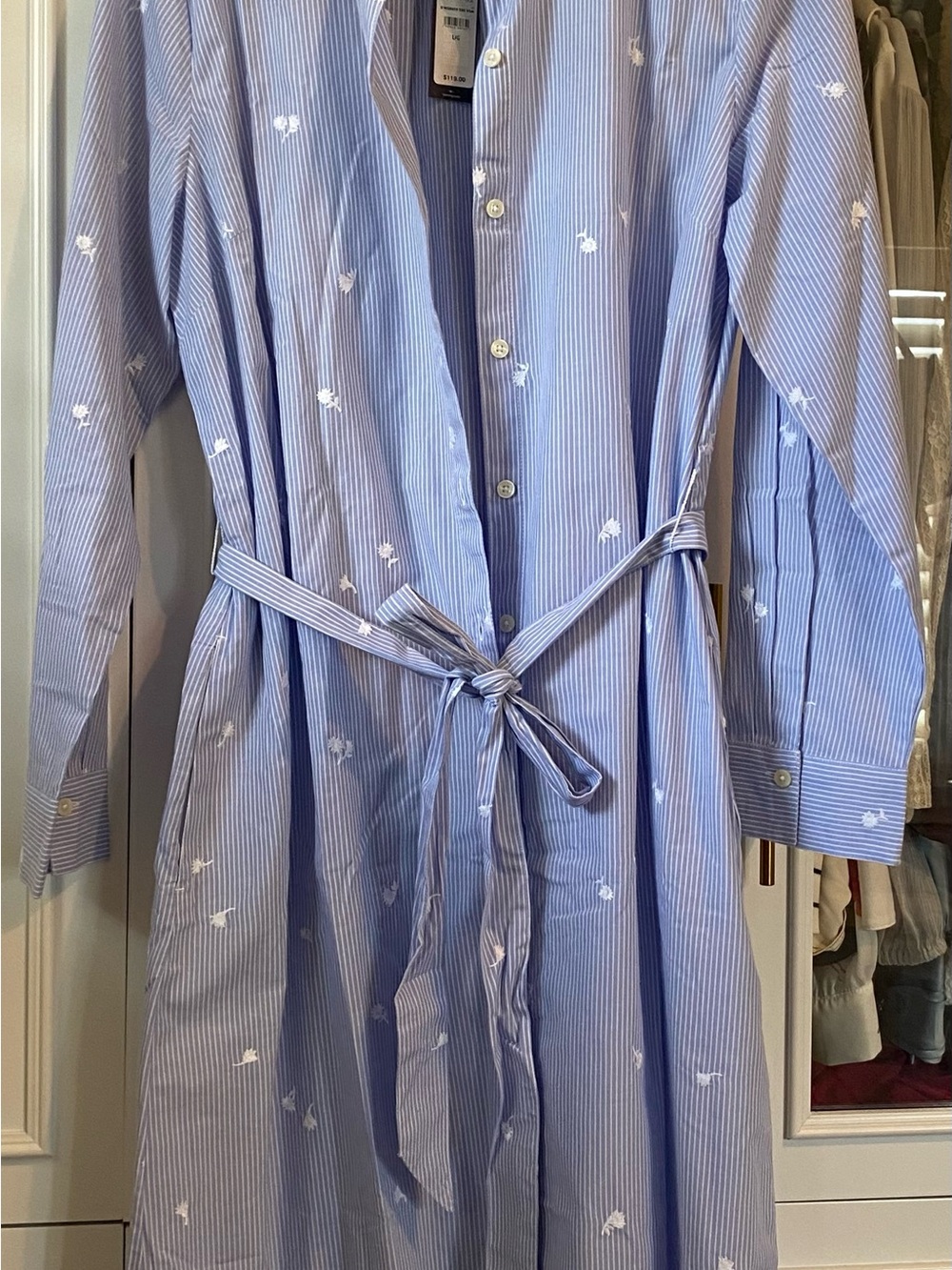 Tommy Hilfiger Blue and White Striped Shirt Dress with Tie Waist